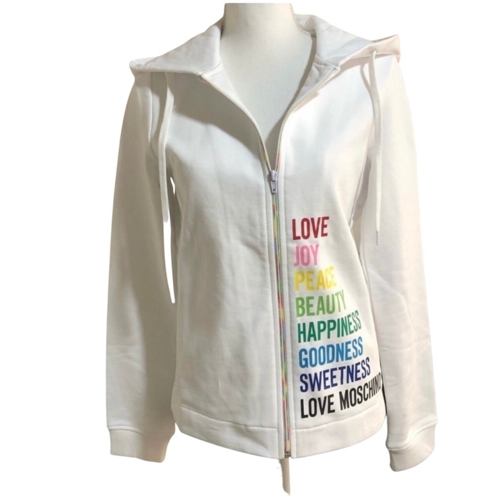 Love Moschino Logo Rainbow Print Hoodie Size 6 White Zip Up Designer Casual NWT